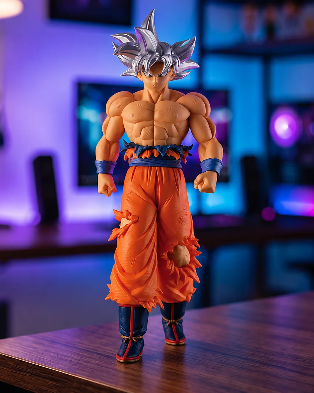 Son Goku en Ultra Instinto, con el cabello plateado y el traje roto, figura Solid Edge Works de Banpresto